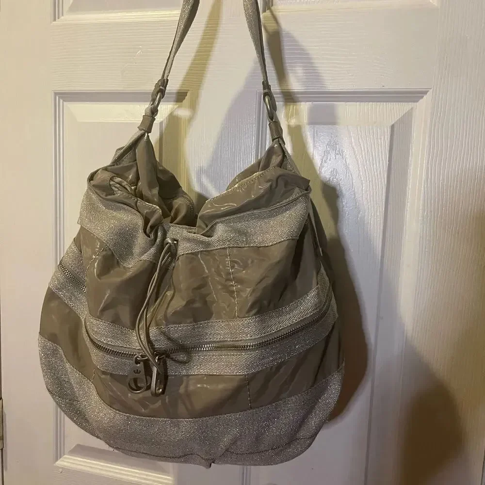 Juicy Couture Nylon taupe & cotton silver shimmery hobo bag leather strap